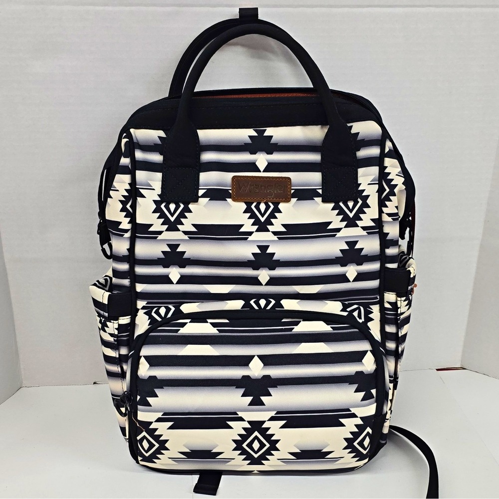 Wrangler Black & White Geometric Backpack Diaper Bag, Adjustable Strap, Pockets